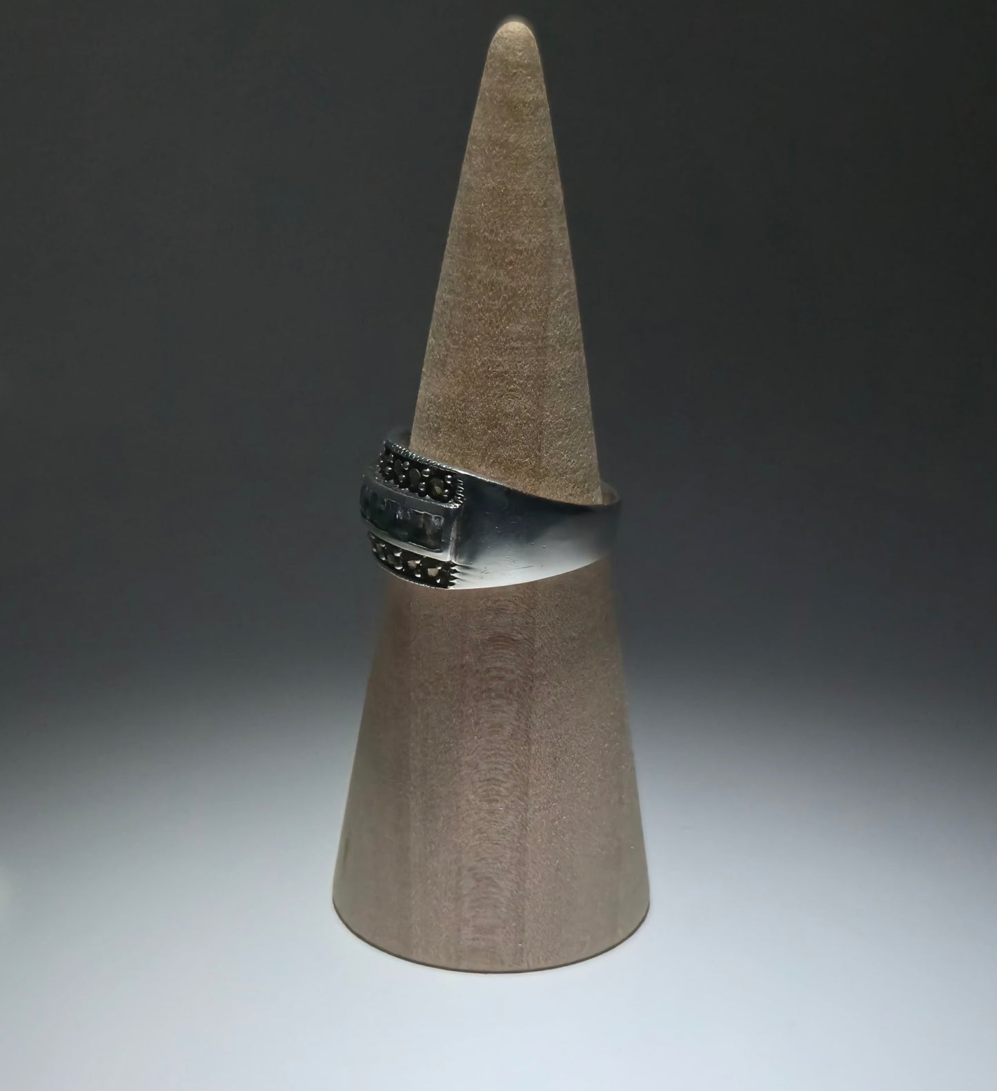 Silver ring engraved with pyrite and zirconia stones