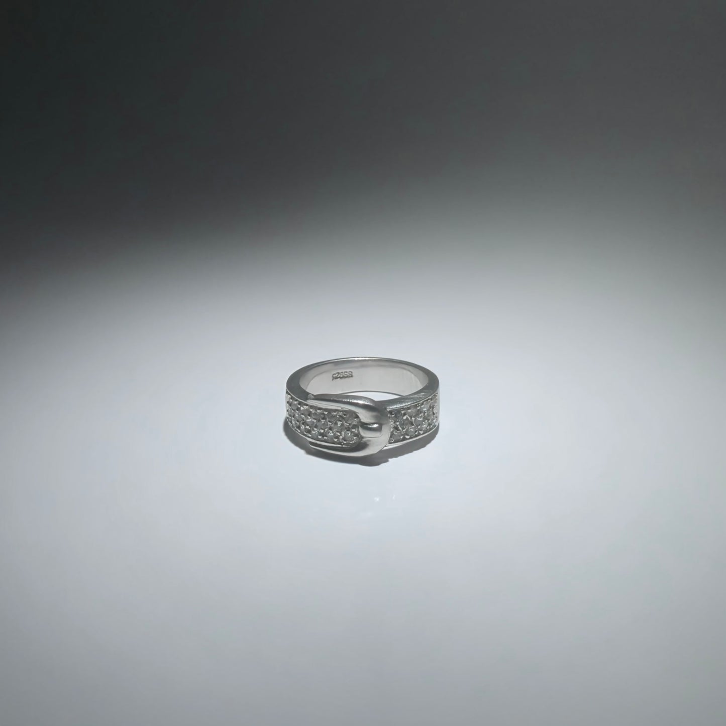 Silver ring with zirconia stones shaped like a cute belt