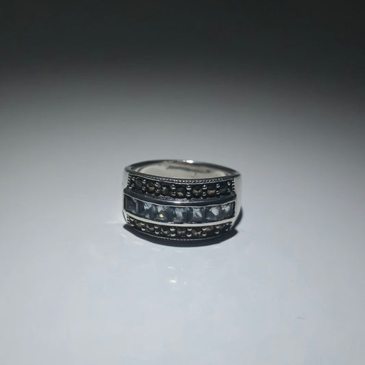 Silver ring engraved with pyrite and zirconia stones