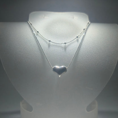 Silver double necklace with a chunky silver heart