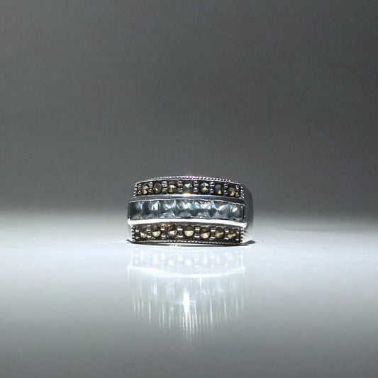 Silver ring engraved with pyrite and zirconia stones