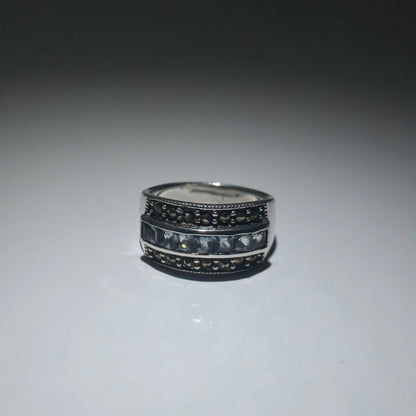 Silver ring engraved with pyrite and zirconia stones