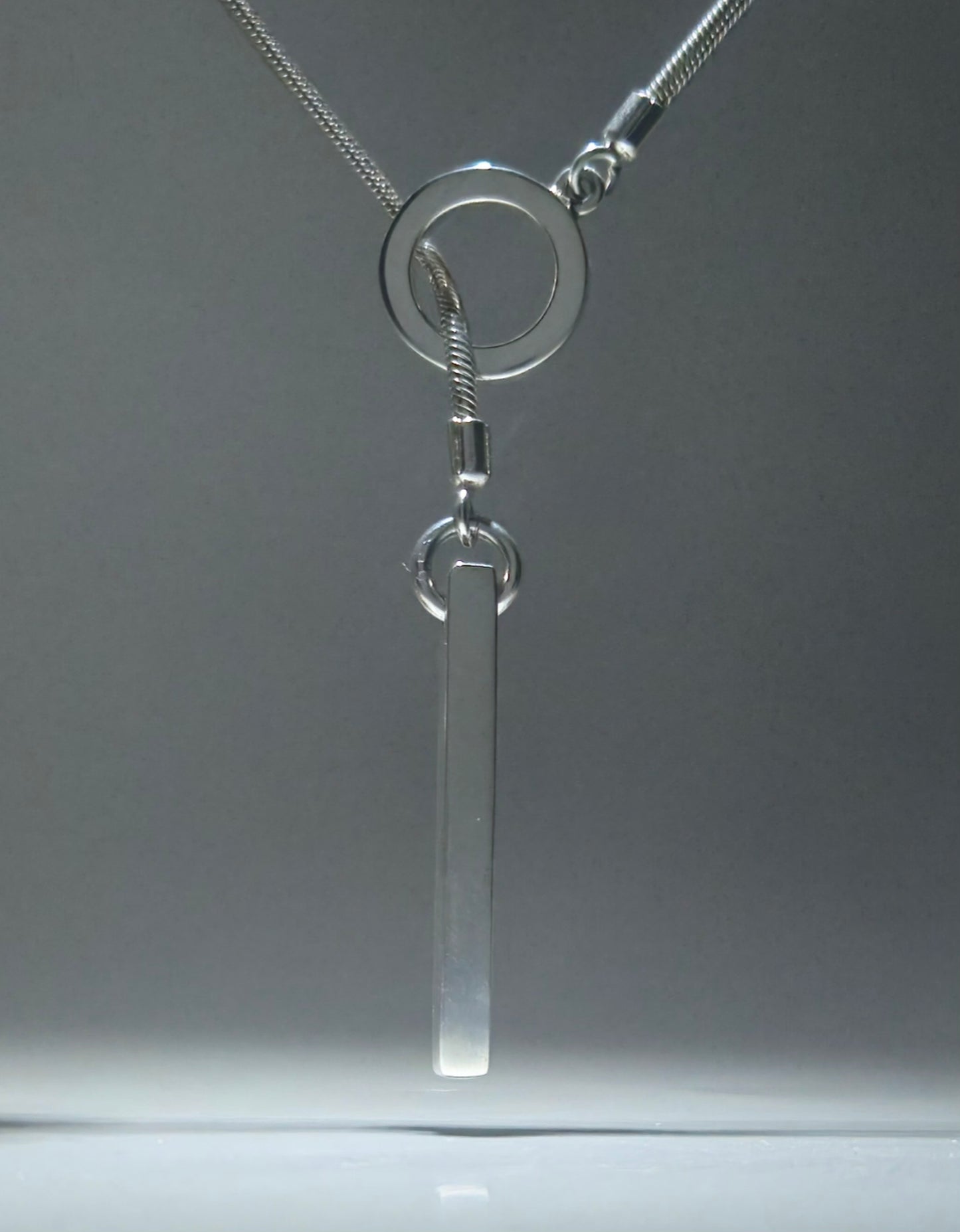 Pure silver lariat necklace with opened circle and pendulum