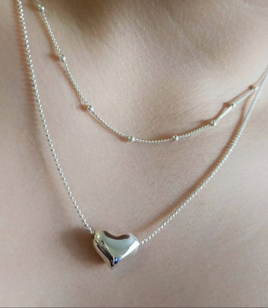 Silver double necklace with a chunky silver heart