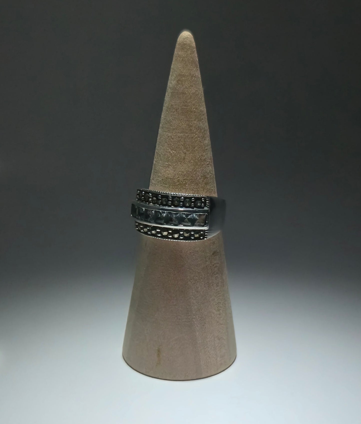 Silver ring engraved with pyrite and zirconia stones