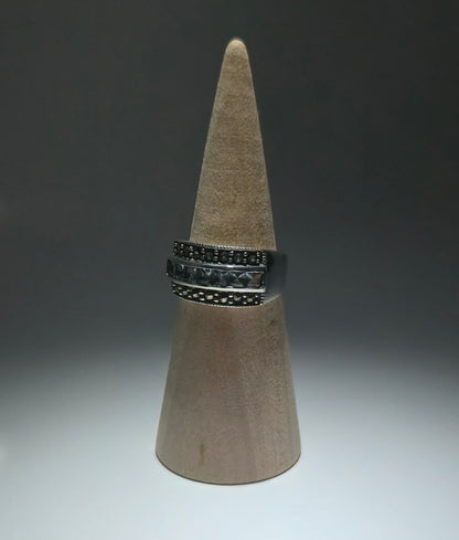 Silver ring engraved with pyrite and zirconia stones
