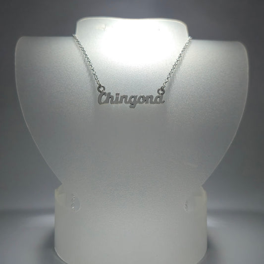 Silver chain necklace with the phrase "chingona" in silver